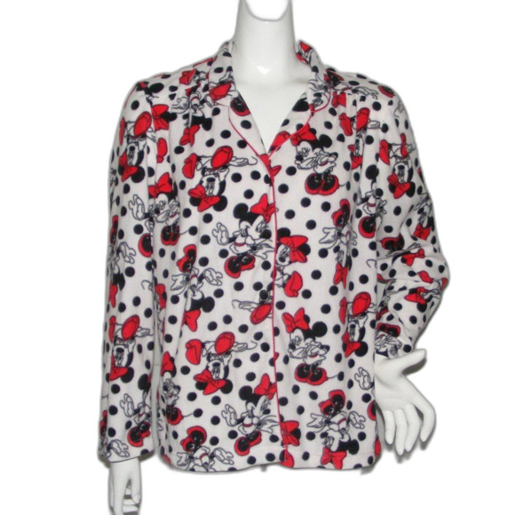 Disney Other - DISNEY Minnie Mouse Pajama Top, L, White Polka Dots, Minnie all over, Buttons LS